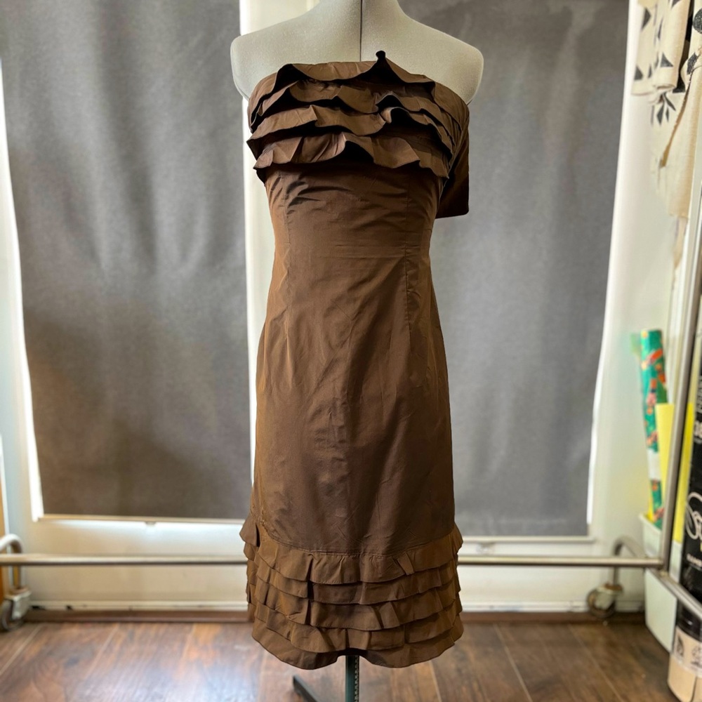 Brown strapless dress. More unique than a little black dress!